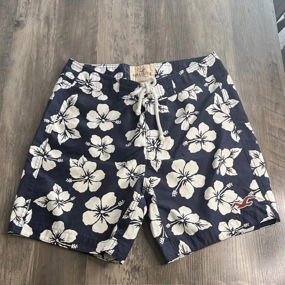 Hollister Navy Floral Board Shorts with White Hibiscus Print